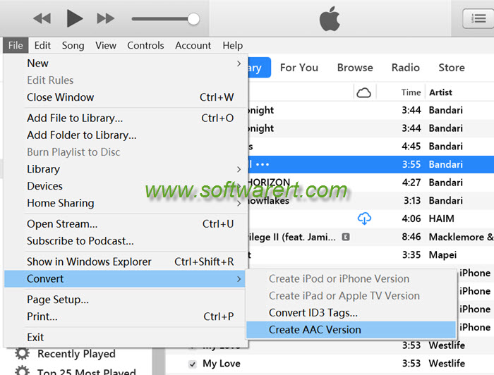 convert music create aac version in itunes on pc