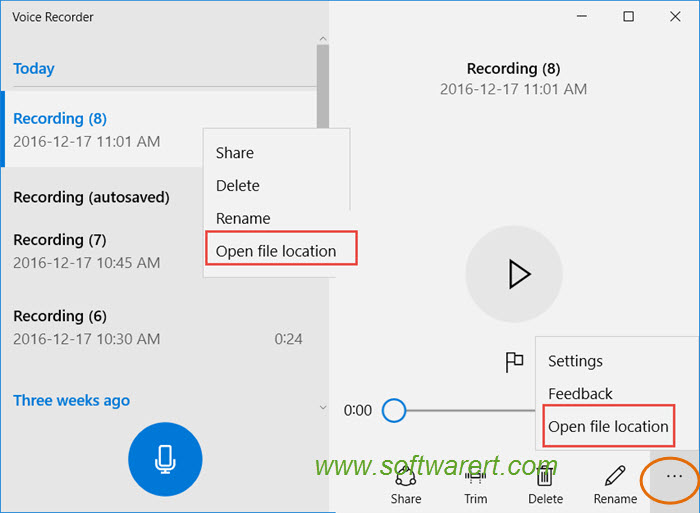 open voice recorder file location on windows 10 pc