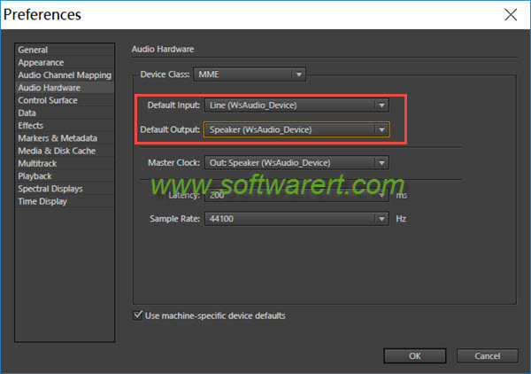 configure default input output audio devices in audition to record internal sound and streaming audios
