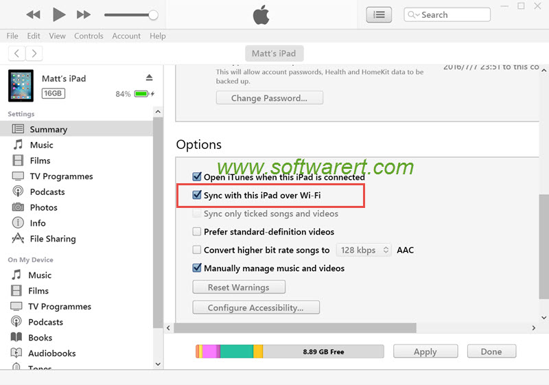 enable itunes wifi sync on pc