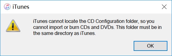 iTunes cannot locate the CD Configuration folder windows pc