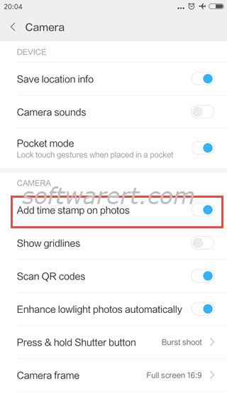 add time stamp on photos camera app on xiaomi redmi phone`