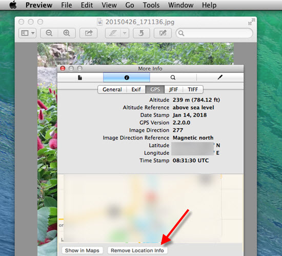 remove gps location info from photos using preview app on mac