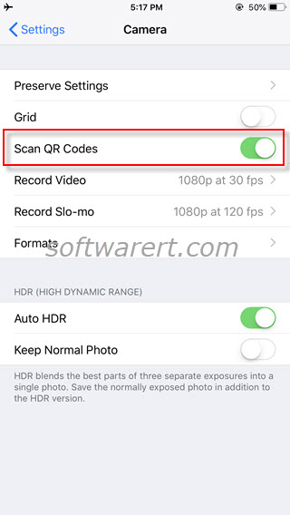 allow camera to scan qr codes from settings on iphone