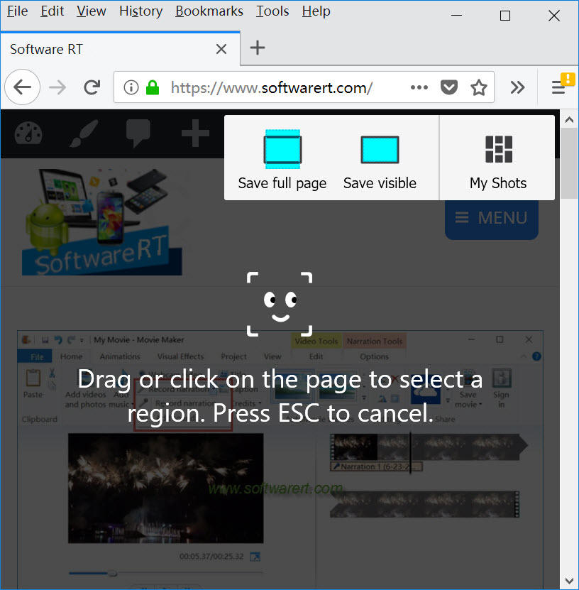 firefox capture full page, visible part, select region to capture on windows pc