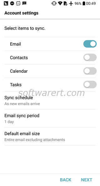 email account setup settings on lg mobile phone