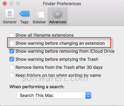 hide file extensions change warning from finder preferences on mac