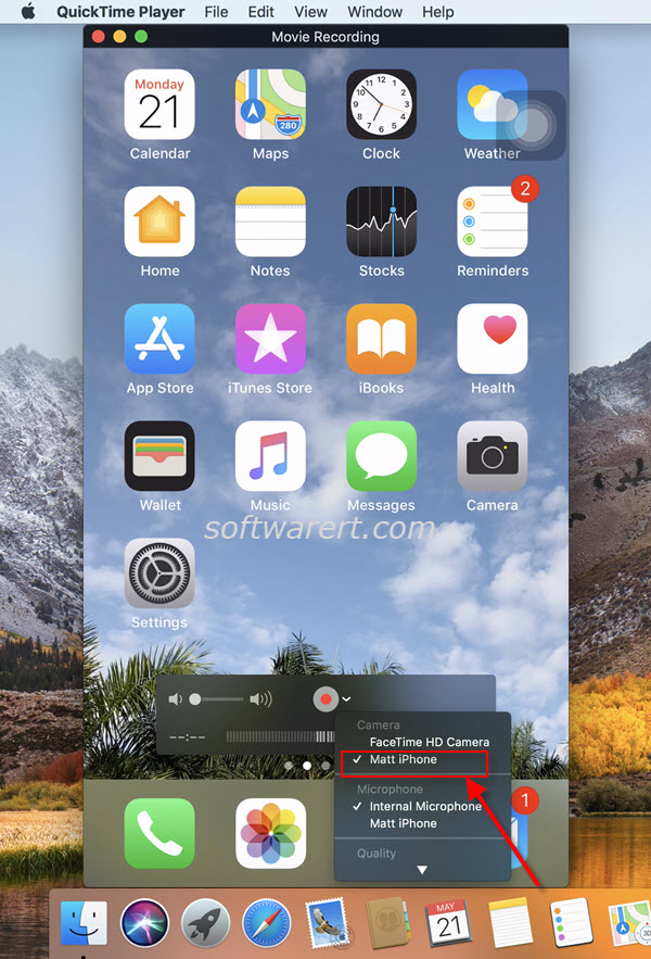 mirror iphone to mac, macbook using quicktime player