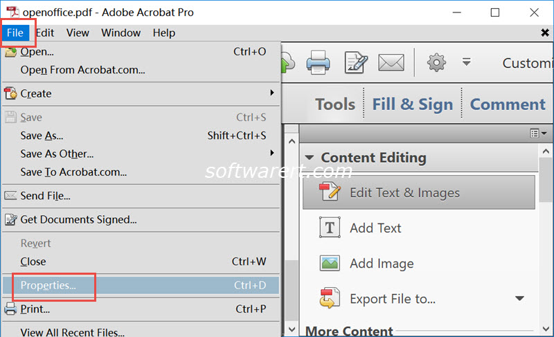 access pdf file properties in adobe acrobat pro on windows pc