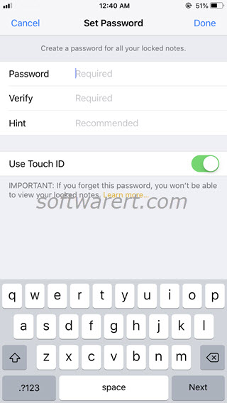 set password-protection for notes on iphone
