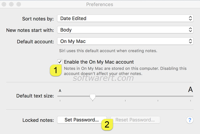 enable on my mac local notes account and set password