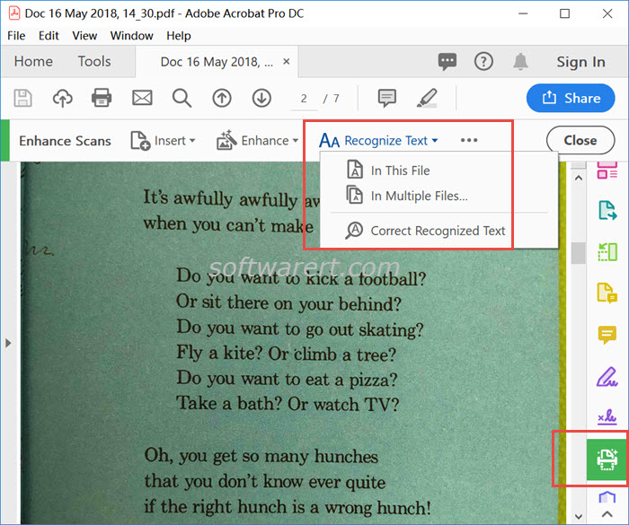 adobe acrobat pro dc for windows enhance scans recognize text options menu