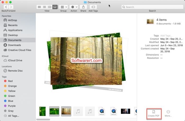 combine multiple images, pdf to a single pdf in finder gallery view on mac