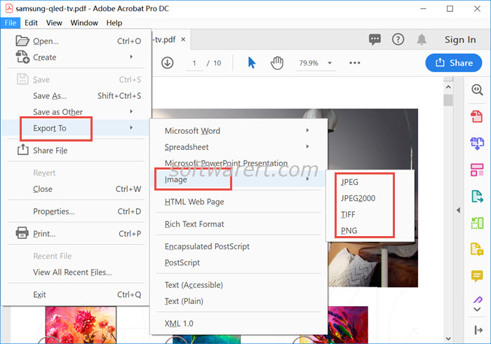 export pdf to image jpeg png tiff using adobe acrobat pro dc for windows
