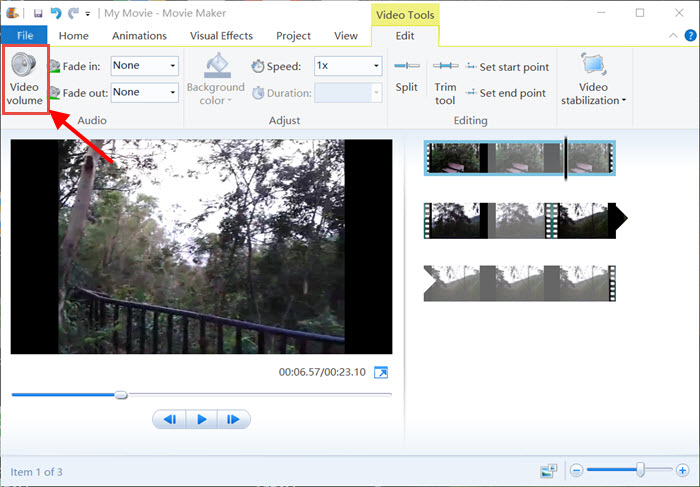 adjust video volume in Windows movie maker