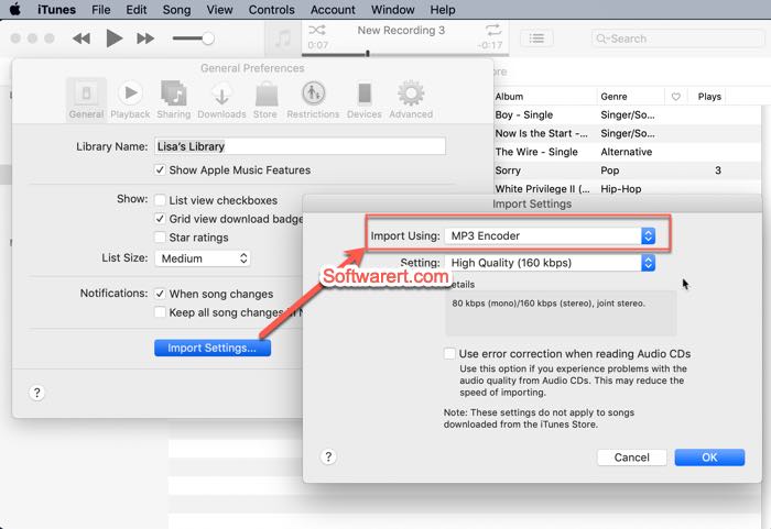 enable MP3 encoder in iTunes preference import settings on Mac