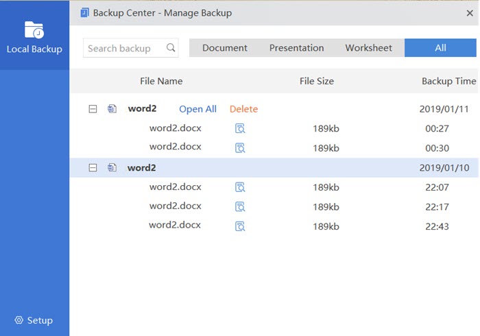 WPS Office backup center, manage backups on Windows pc