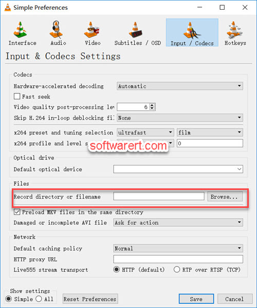 Change VLC screen & video recording save directory