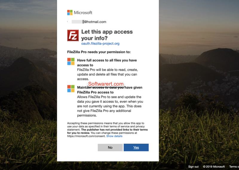 Grant FileZilla Pro the access to your Microsoft Account