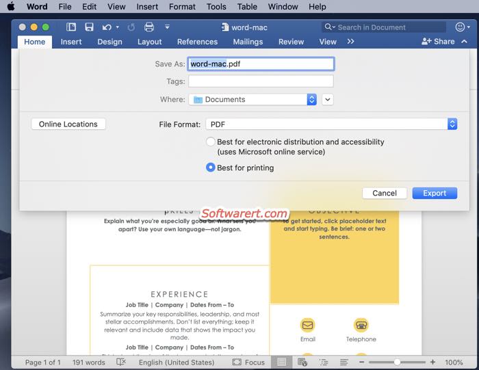 save word document as PDF file from Microsoft Word app on Mac
