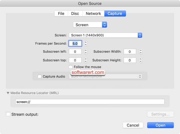 VLC media player for Mac screen capture record settings
