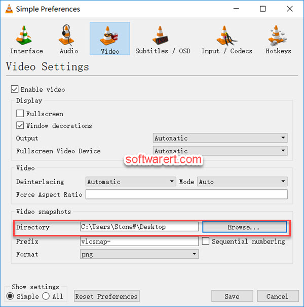 VLC video snapshot save directory