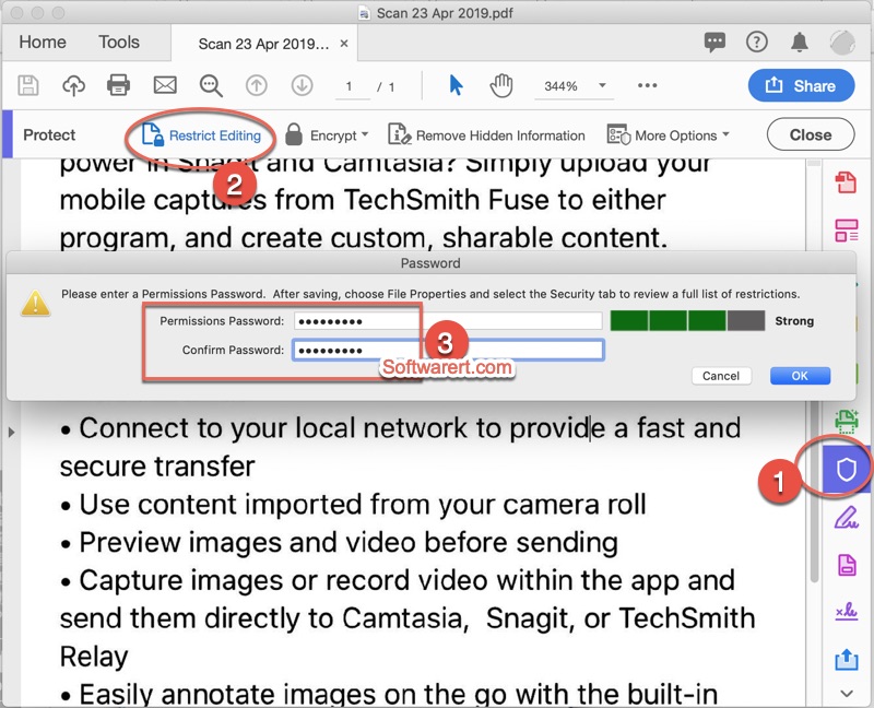 quickly set permission password to protect pdf and restrict editing using Adobe Acrobat Pro for Mac
