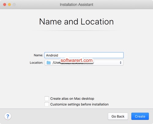 choose name, location for android virtual machine - parallels desktop installation assistant 