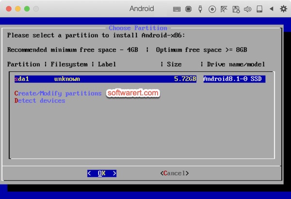 choose partition android-x86 installation parallels mac