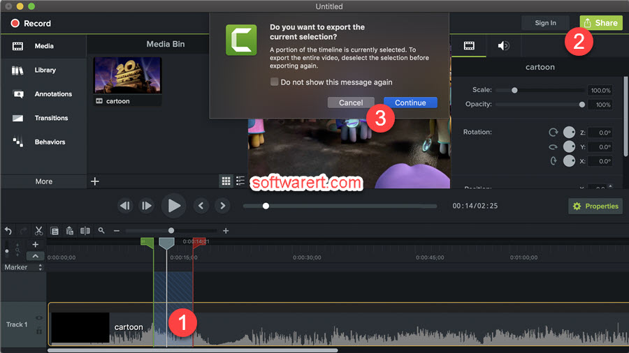 export video selection, portion from Camtasia to mac