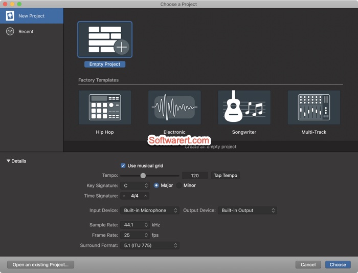 Logic Pro X for Mac - new project