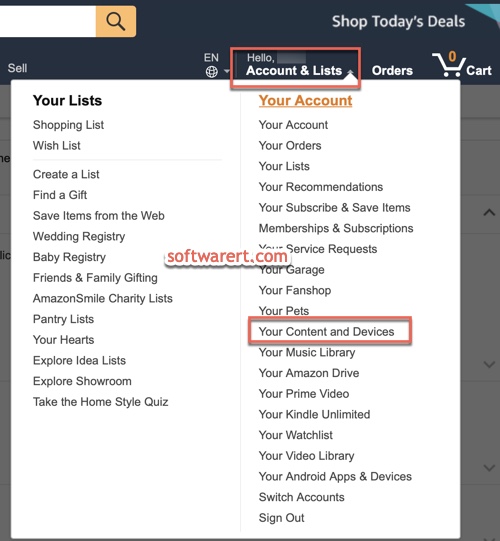 amazon account & list > manage your content and devices