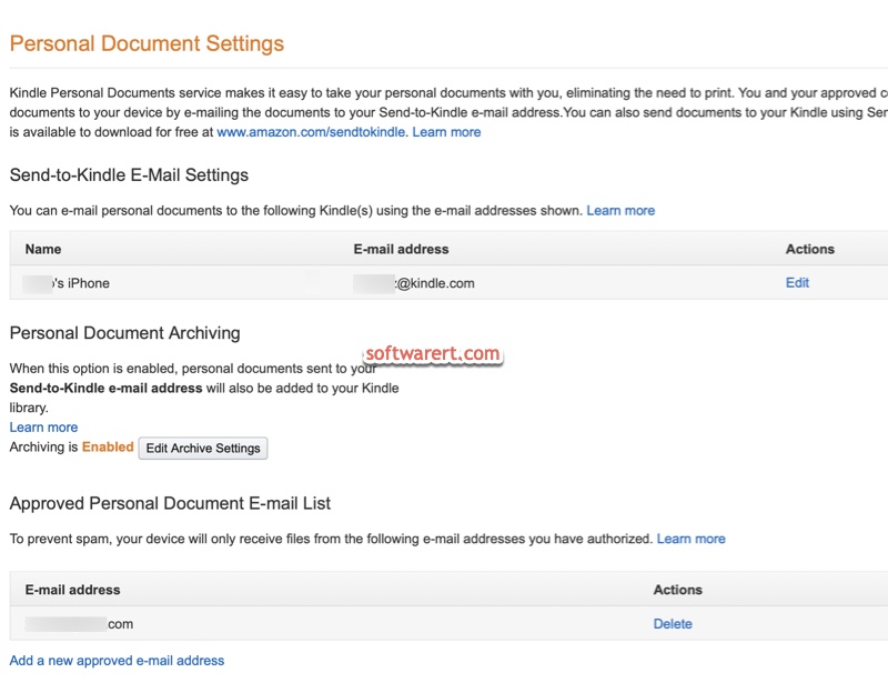 amazon account > manage your content and devices > personal document settings
