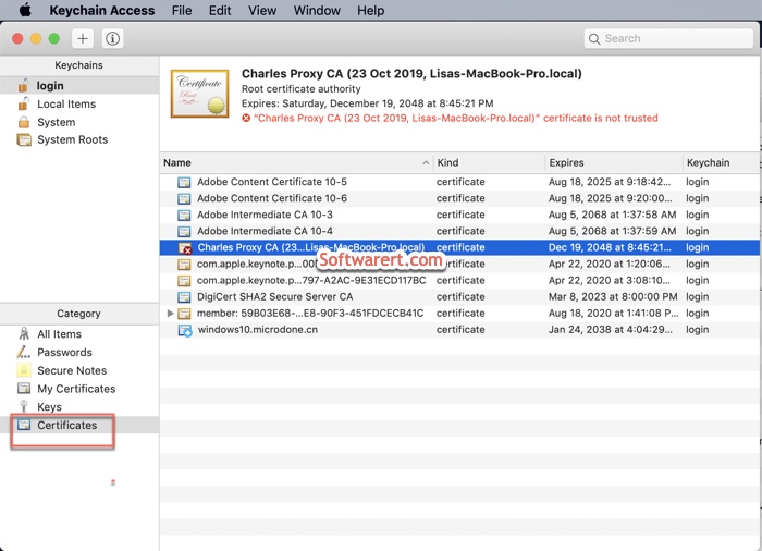 Charles Proxy Certificate not trusted in keychain access on Mac 