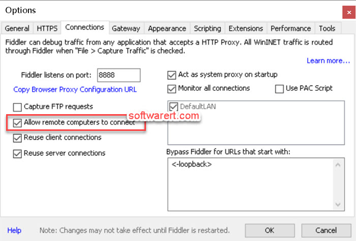 Allow remote computers to connect fiddler proxy server on pc