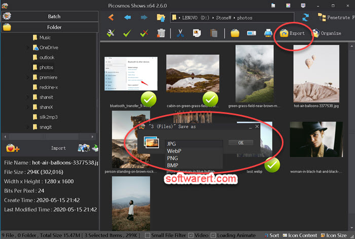 convert images to JPG, PNG, BMP, WEBP format using Picosmos Shows on computer