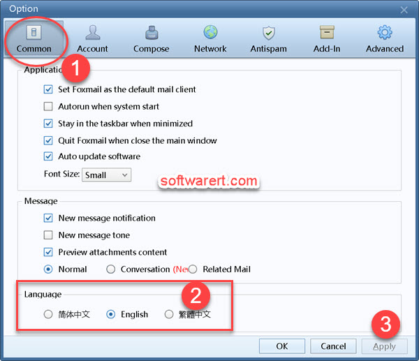 Change Foxmail language from its settings, options