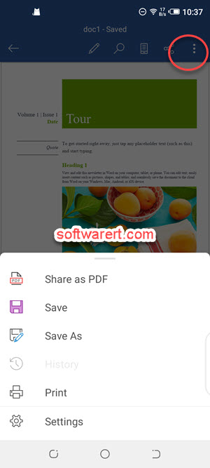microsoft word for android app to save, print, share as pdf on mobile phone
