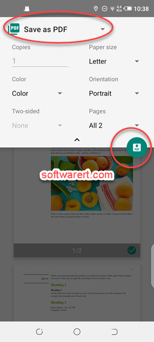 print, save word as pdf using microsoft word for android app on mobile phone