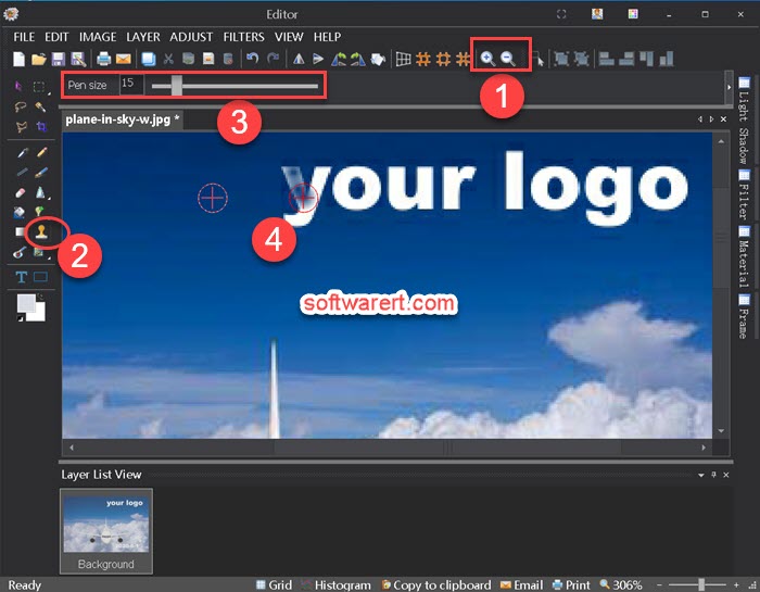 Delete logo, watermark, text from images using Clone Stamp with Picosmos for windows