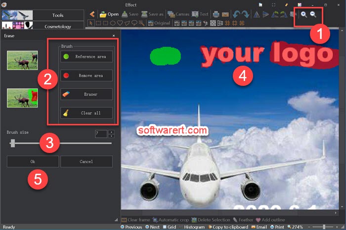 Remove logo, watermark, text from images using Erase tool with Picosmos for windows