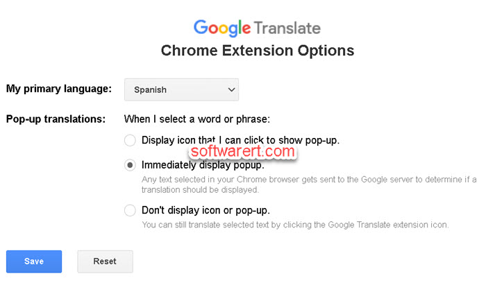 google translate chrome extension options, settings