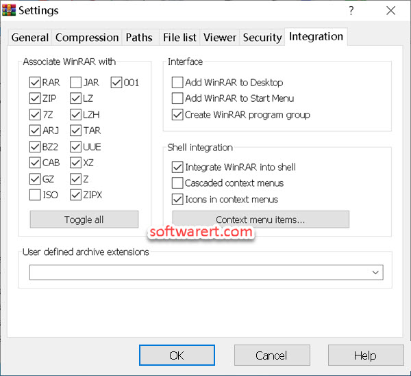 WinRAR for Windows - integration settings