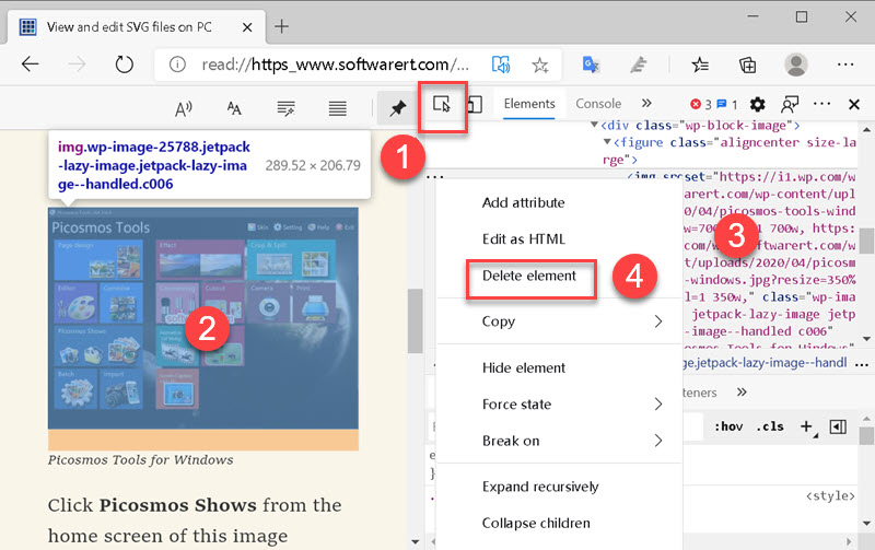 delete web page elment using Inspect tool of microsoft edge browser for windows 