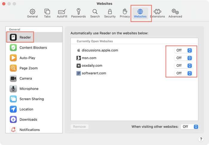 Enable Reader View for specific websites in Safari browser on Mac