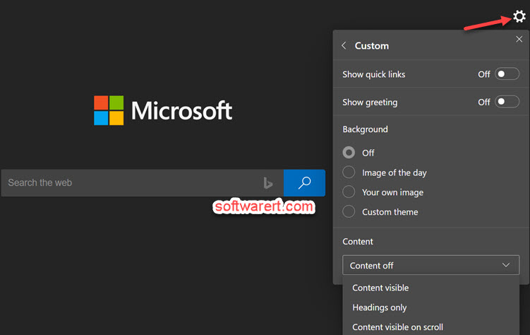 disable website links, news updates, greeting, image background from Edge browser New Tab page.