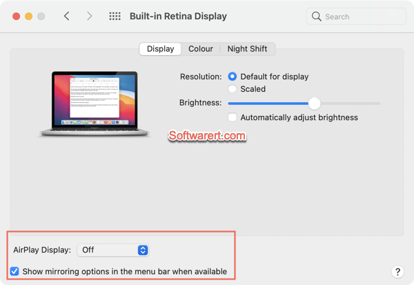 Mac built-in Retina display - airplay display on/off, show mirroring options in menu bar