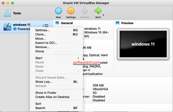 Oracle VM VirtualBox Manager context menu