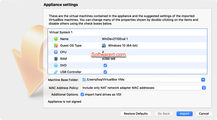 Import virtual machine or appliance to VirtualBox on Mac - virtual machine settings