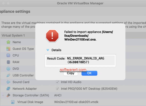 VirtualBox for Mac OVA virtual machine import Error NS_ERROR_INVALID_ARG (0x80070057)